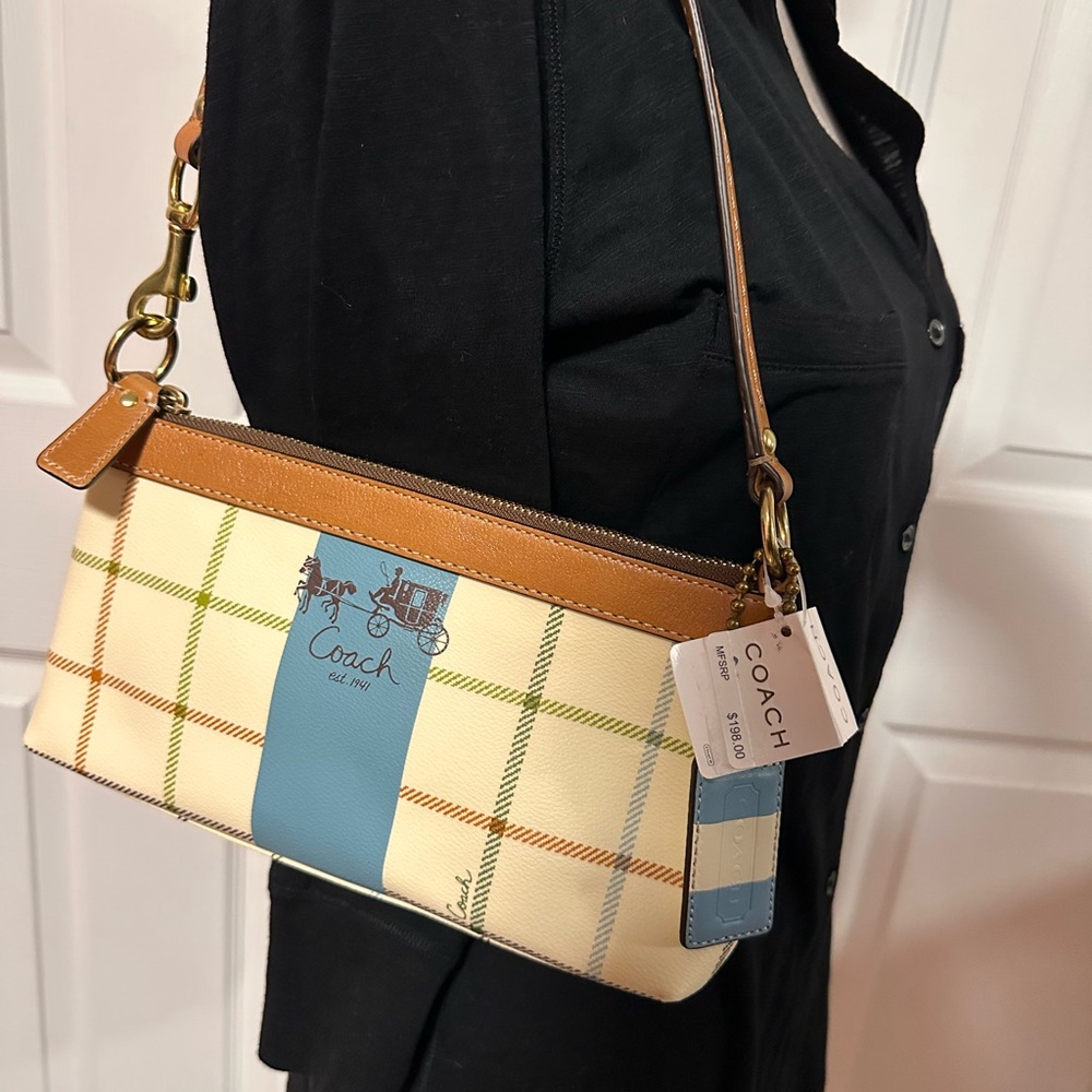 Coach Women's Beige and Blue Plaid Shoulder Bag - Picture 2 of 11